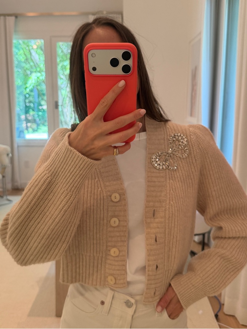 LoveShackFancy Beige Ribbed Cropped Cardigan with Crystal Brooch